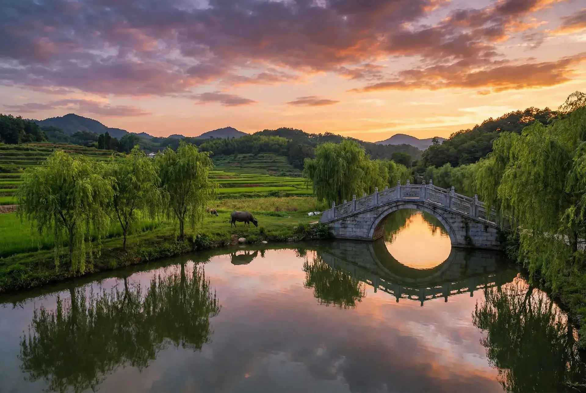 夕阳下的石拱桥与垂柳，水牛在河边吃草 - 短篇合篇500篇视频 乡村美景