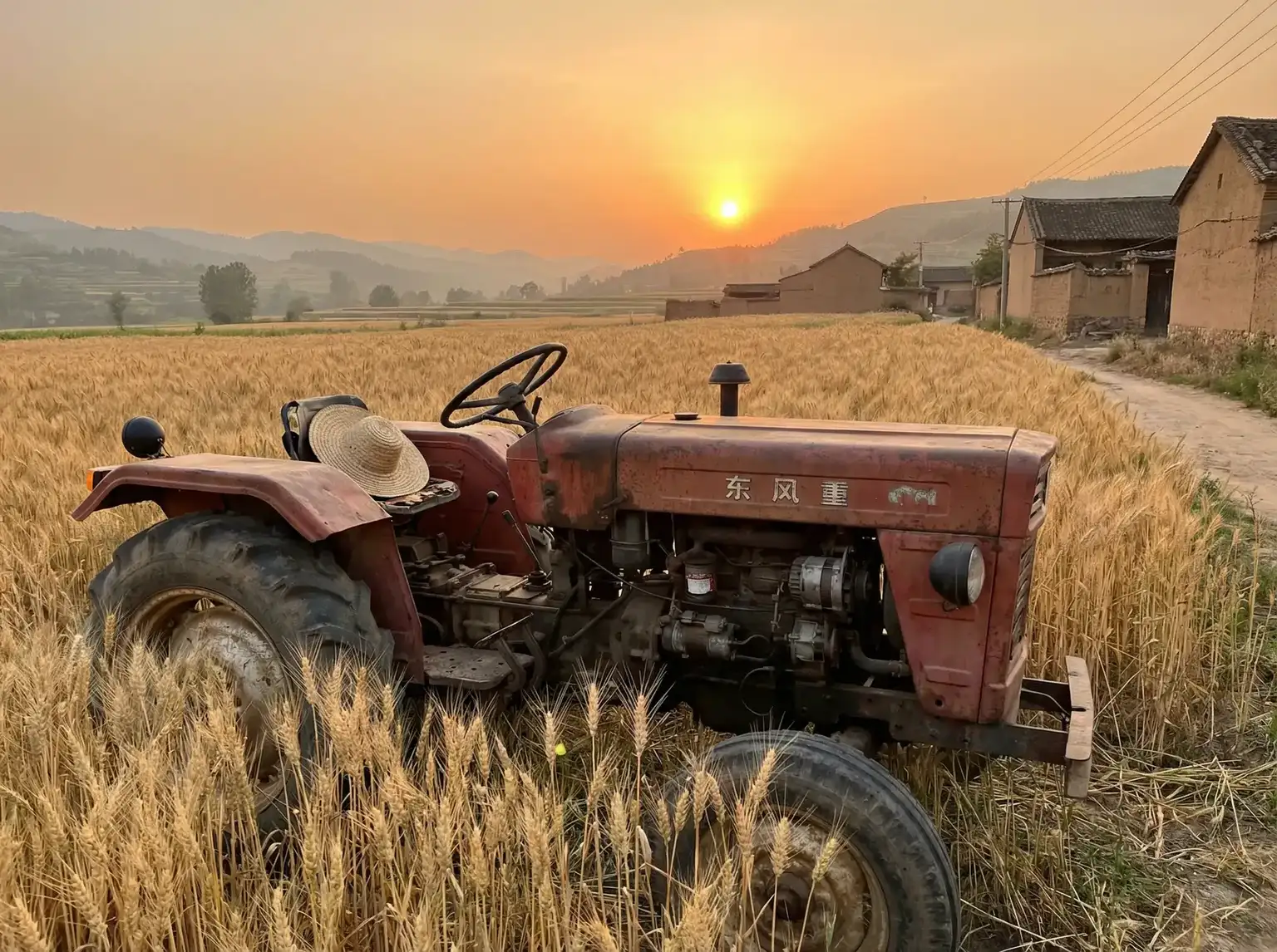 夕阳下的老式拖拉机停在麦田边 - 短篇合篇500篇视频 田间记忆